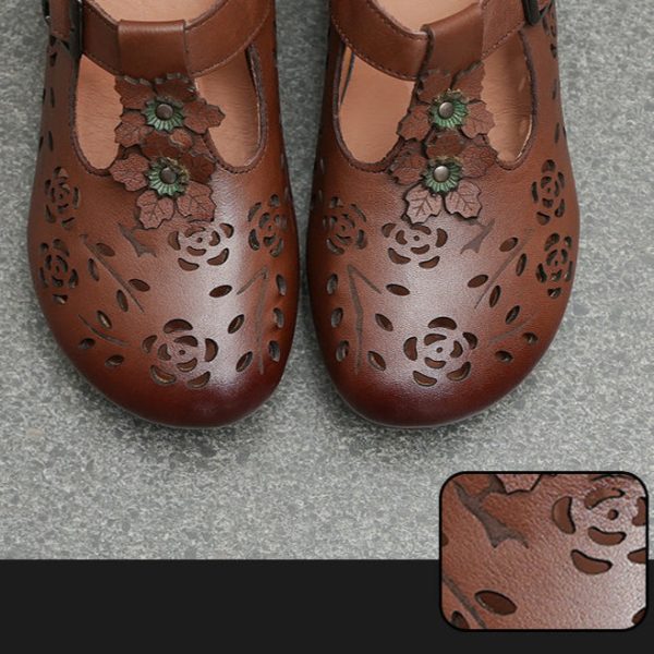 Genuine Leather Carved Hollow Square Heel Retro Women's Shoes - Image 13
