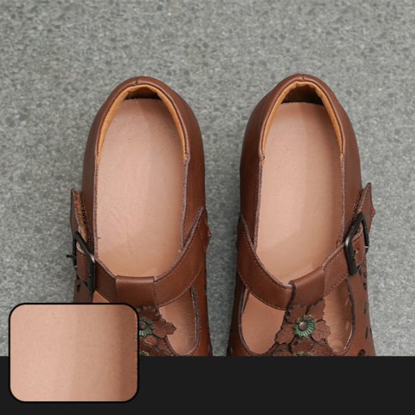 Genuine Leather Carved Hollow Square Heel Retro Women's Shoes - Image 14