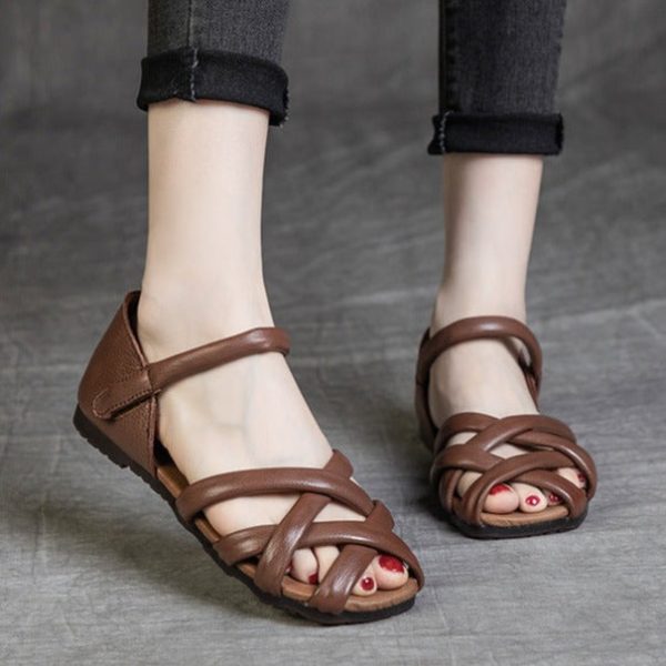 Soft Leather Womens Sandals Summer Gladiator Flats - Image 4
