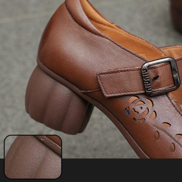Genuine Leather Carved Hollow Square Heel Retro Women's Shoes - Image 15
