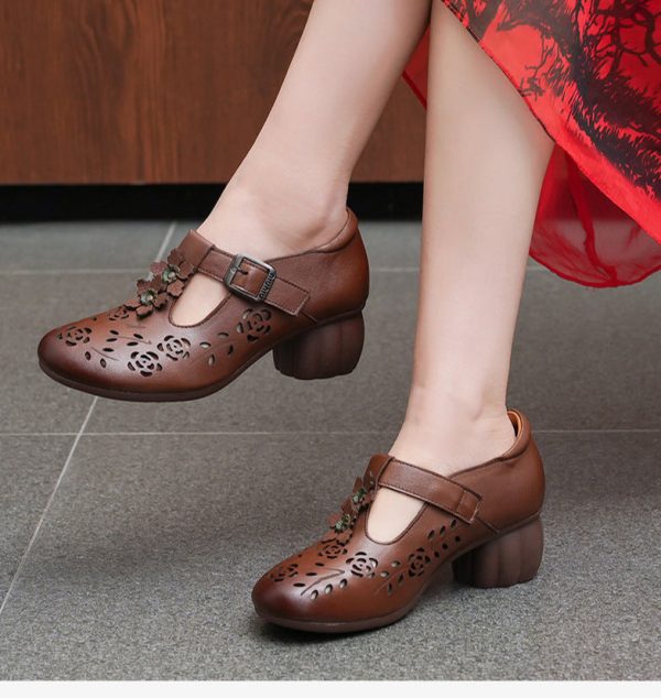 Genuine Leather Carved Hollow Square Heel Retro Women's Shoes - Image 4