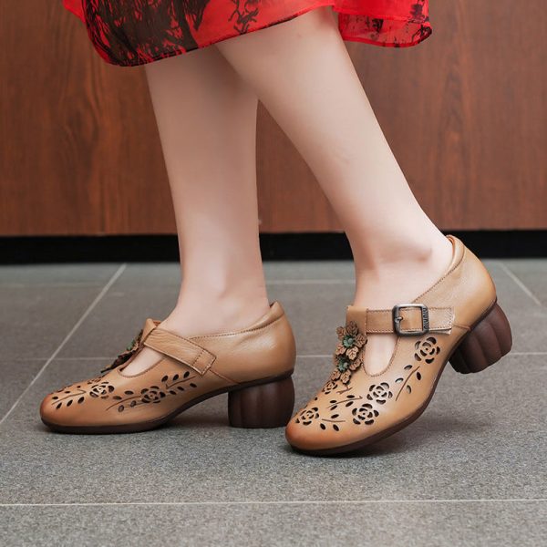 Genuine Leather Carved Hollow Square Heel Retro Women's Shoes - Image 7