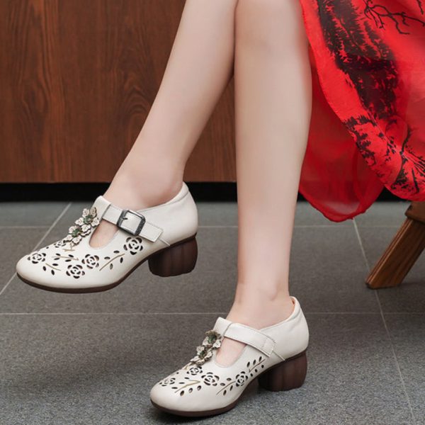 Genuine Leather Carved Hollow Square Heel Retro Women's Shoes - Image 3