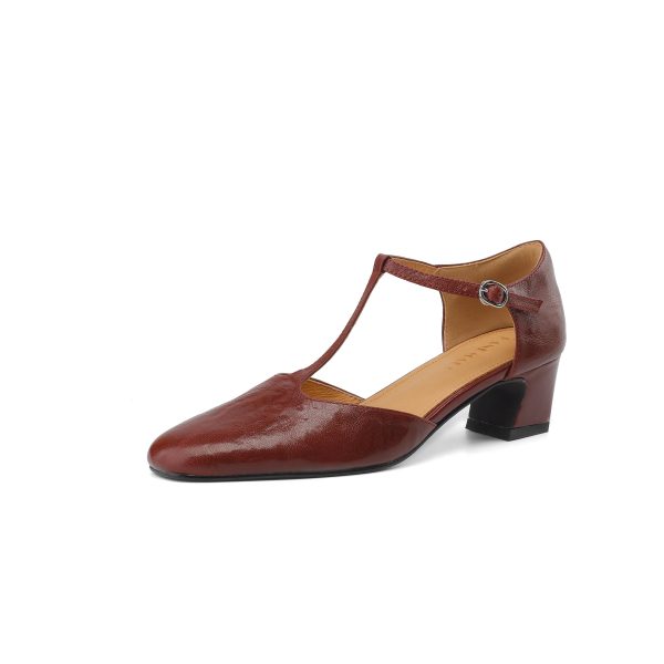 Pointy Toe Block Heels Leather T-Strap Mary Jane Shoes - Image 20