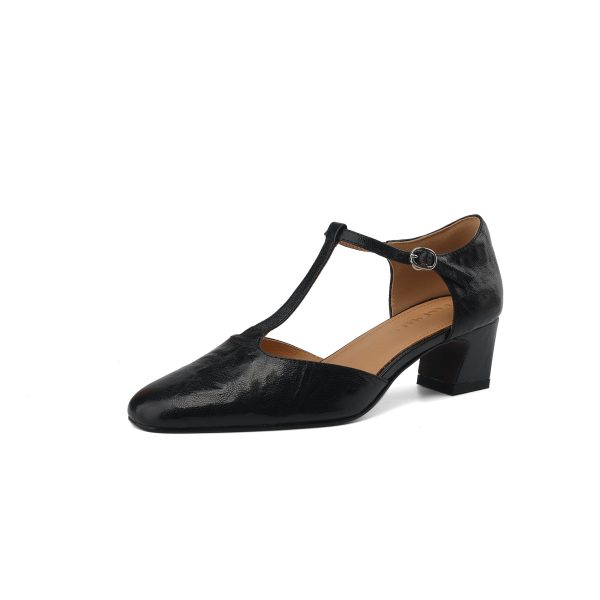 Pointy Toe Block Heels Leather T-Strap Mary Jane Shoes - Image 19