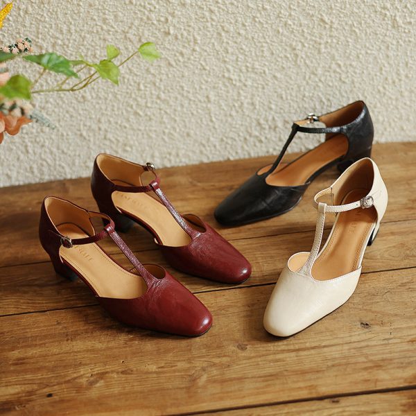 Pointy Toe Block Heels Leather T-Strap Mary Jane Shoes - Image 17