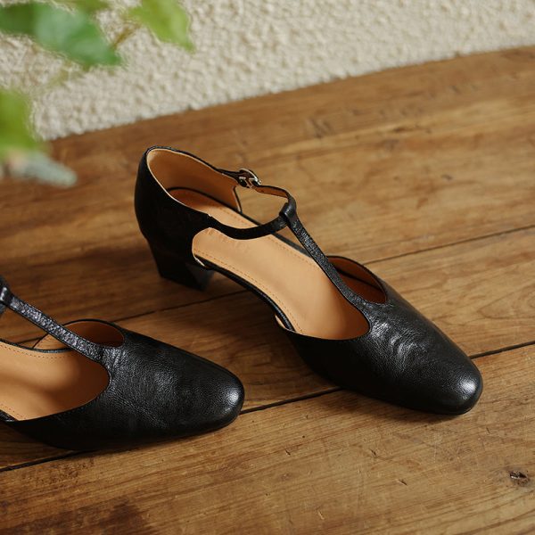 Pointy Toe Block Heels Leather T-Strap Mary Jane Shoes - Image 2