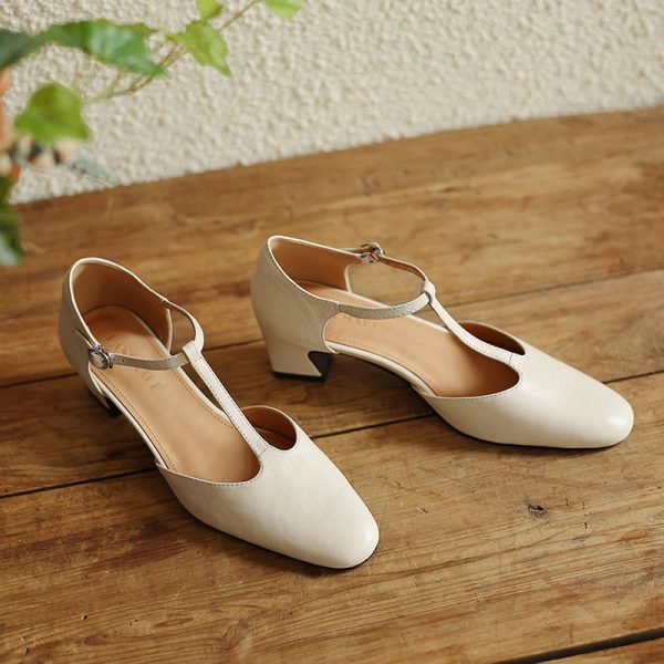 Pointy Toe Block Heels Leather T-Strap Mary Jane Shoes - Image 3