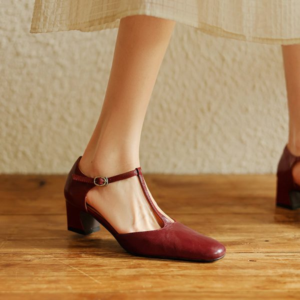 Pointy Toe Block Heels Leather T-Strap Mary Jane Shoes - Image 5