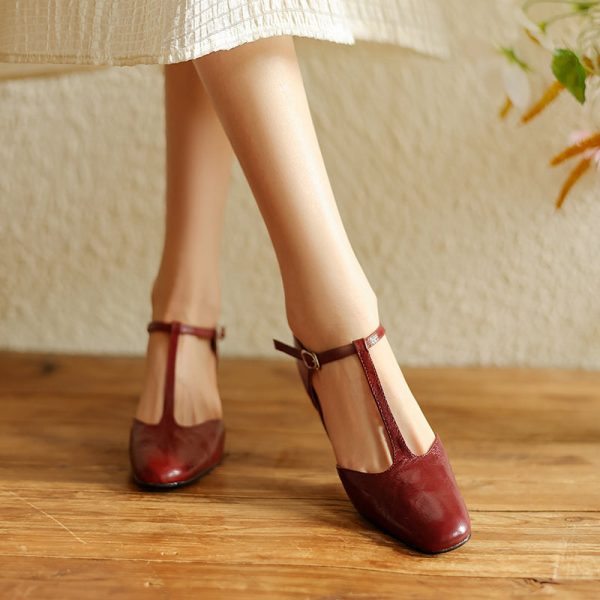 Pointy Toe Block Heels Leather T-Strap Mary Jane Shoes - Image 6