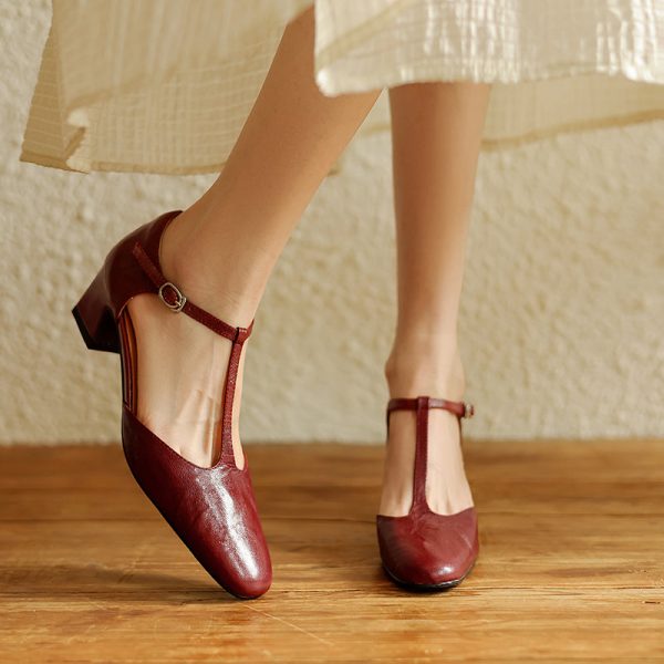 Pointy Toe Block Heels Leather T-Strap Mary Jane Shoes - Image 7