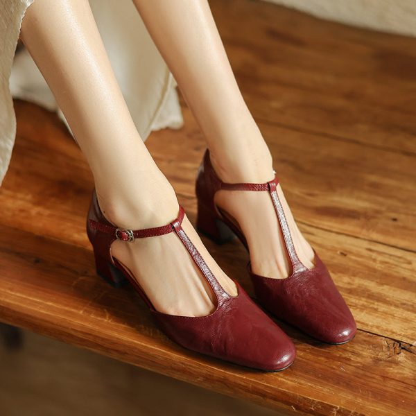 Pointy Toe Block Heels Leather T-Strap Mary Jane Shoes - Image 8