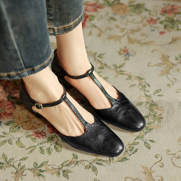 Pointy Toe Block Heels Leather T-Strap Mary Jane Shoes - Image 9