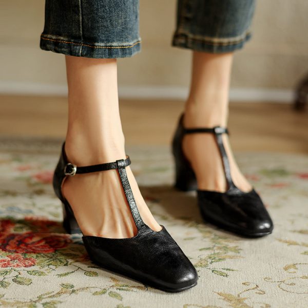 Pointy Toe Block Heels Leather T-Strap Mary Jane Shoes - Image 10