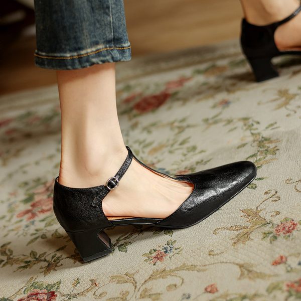 Pointy Toe Block Heels Leather T-Strap Mary Jane Shoes - Image 11