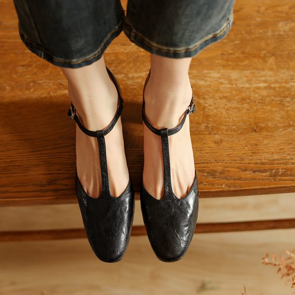 Pointy Toe Block Heels Leather T-Strap Mary Jane Shoes - Image 12
