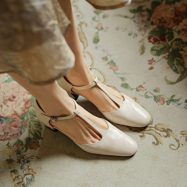 Pointy Toe Block Heels Leather T-Strap Mary Jane Shoes - Image 13