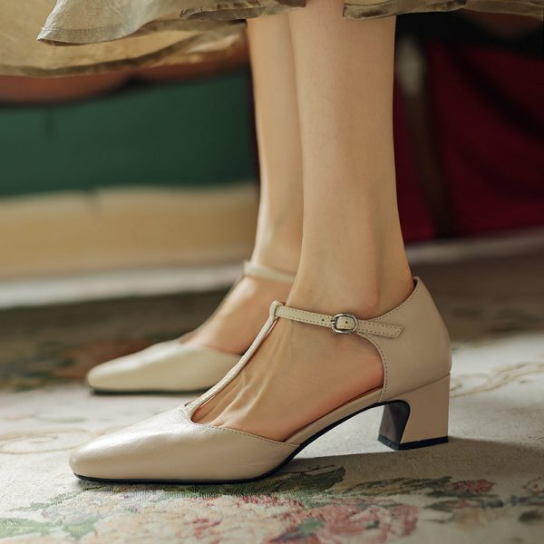 Pointy Toe Block Heels Leather T-Strap Mary Jane Shoes - Image 14