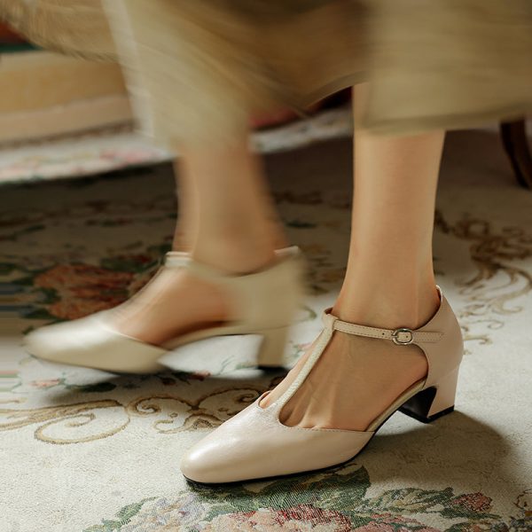 Pointy Toe Block Heels Leather T-Strap Mary Jane Shoes - Image 16