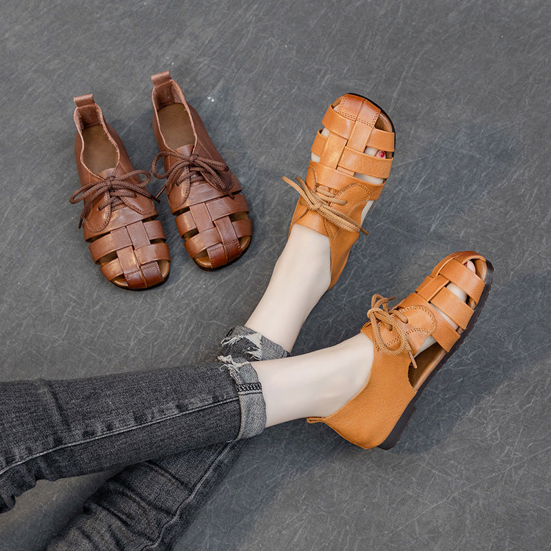 Cow Leather Retro Woven Sandals Lace-Up Soft Sole Women’s Shoes
