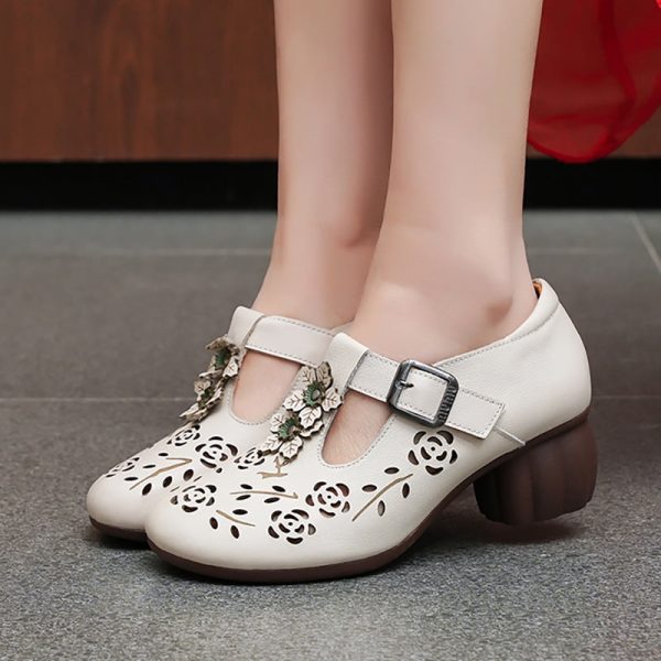 Genuine Leather Carved Hollow Square Heel Retro Women's Shoes - Image 2