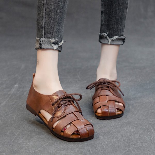 Cow Leather Retro Woven Sandals Lace-Up Soft Sole Women's Shoes - Image 3