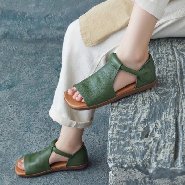 Summer Cowhide Handmade Velcro Open Toe Sandals Flat Shoes - Image 3