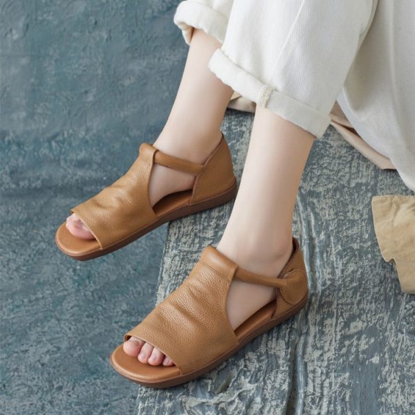 Summer Cowhide Handmade Velcro Open Toe Sandals Flat Shoes - Image 4