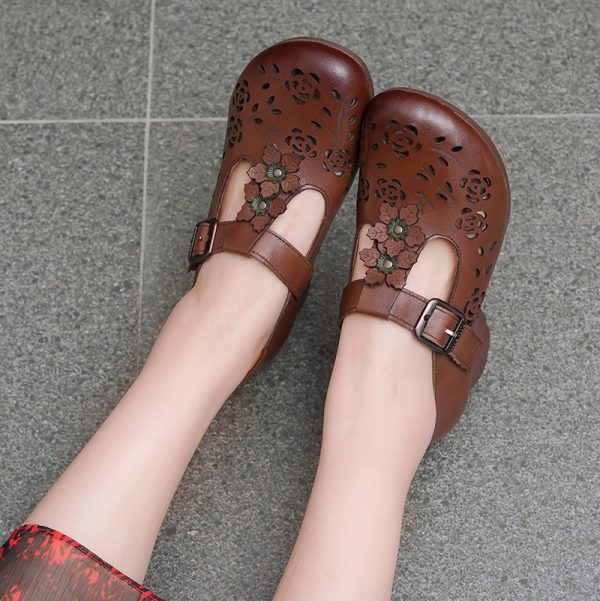 Genuine Leather Carved Hollow Square Heel Retro Women's Shoes - Image 5