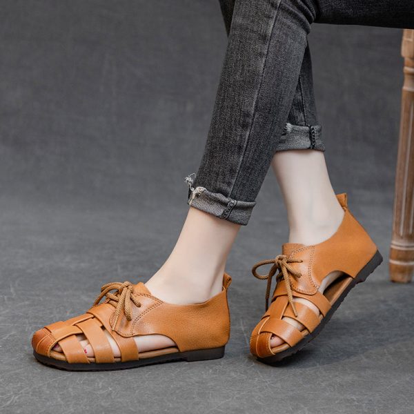 Cow Leather Retro Woven Sandals Lace-Up Soft Sole Women's Shoes - Image 4