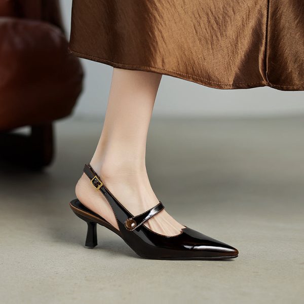 Summer Pointed Toe Patent Leather Slingback Stylish Kitten Heel Sandals - Image 4