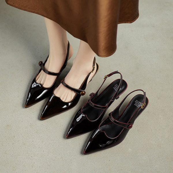 Summer Pointed Toe Patent Leather Slingback Stylish Kitten Heel Sandals - Image 3
