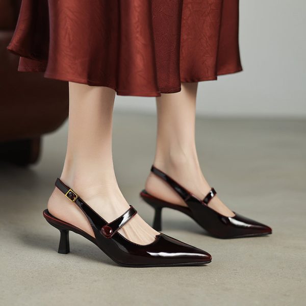 Summer Pointed Toe Patent Leather Slingback Stylish Kitten Heel Sandals - Image 12
