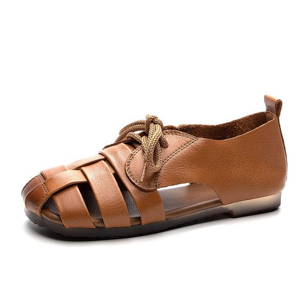 Cow Leather Retro Woven Sandals Lace-Up Soft Sole Women's Shoes - Image 5