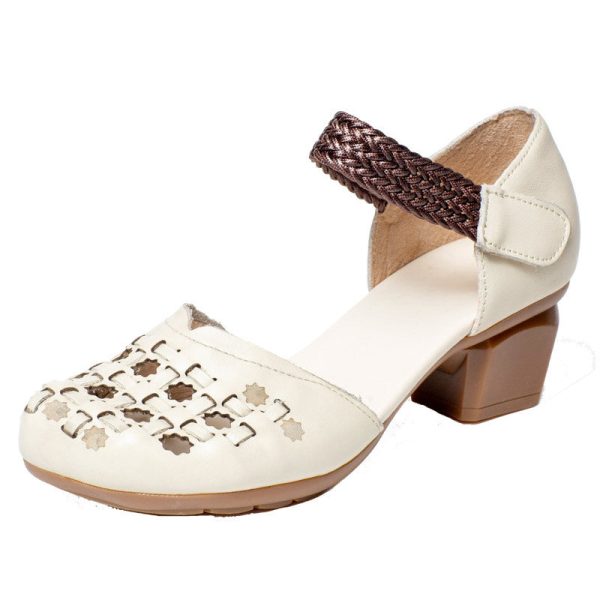 Ethnic style Retro Cowhide Braided Hollow Thick Heel Sandals - Image 8