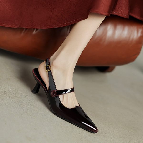 Summer Pointed Toe Patent Leather Slingback Stylish Kitten Heel Sandals - Image 13