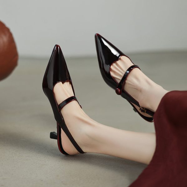 Summer Pointed Toe Patent Leather Slingback Stylish Kitten Heel Sandals - Image 15