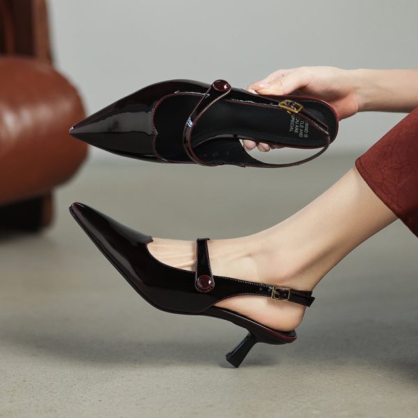 Summer Pointed Toe Patent Leather Slingback Stylish Kitten Heel Sandals - Image 16