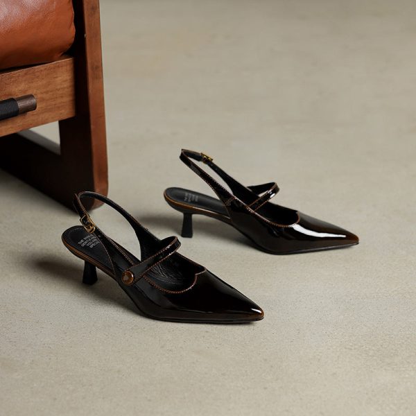 Summer Pointed Toe Patent Leather Slingback Stylish Kitten Heel Sandals - Image 19