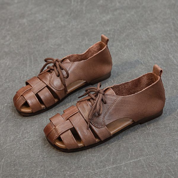 Cow Leather Retro Woven Sandals Lace-Up Soft Sole Women's Shoes - Image 6