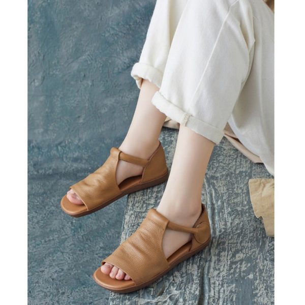 Summer Cowhide Handmade Velcro Open Toe Sandals Flat Shoes - Image 6