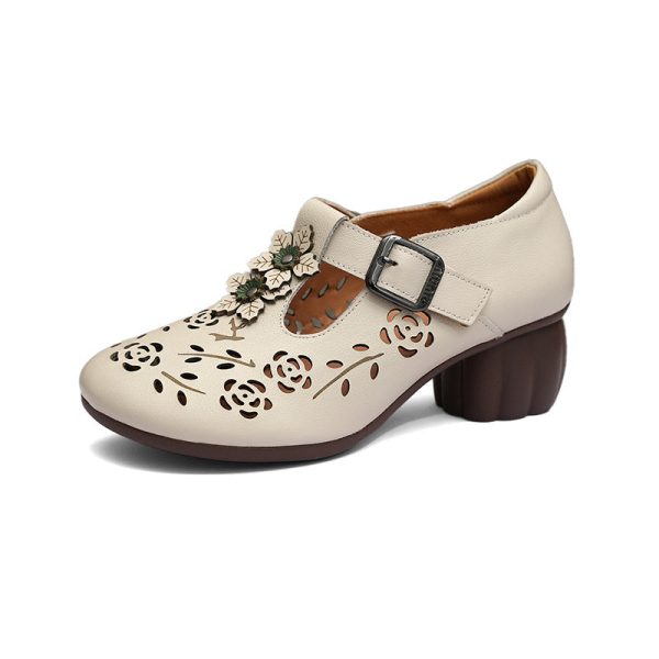 Genuine Leather Carved Hollow Square Heel Retro Women's Shoes - Image 9