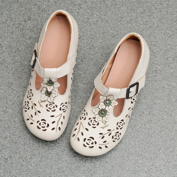 Genuine Leather Carved Hollow Square Heel Retro Women's Shoes - Image 8