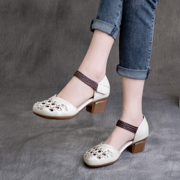 Ethnic style Retro Cowhide Braided Hollow Thick Heel Sandals - Image 6
