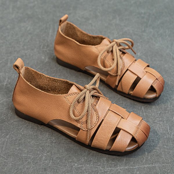 Cow Leather Retro Woven Sandals Lace-Up Soft Sole Women's Shoes - Image 7