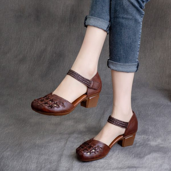 Ethnic style Retro Cowhide Braided Hollow Thick Heel Sandals - Image 7