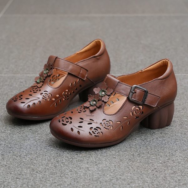 Genuine Leather Carved Hollow Square Heel Retro Women's Shoes - Image 10