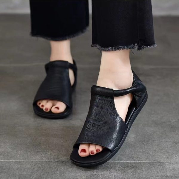 Summer Cowhide Handmade Velcro Open Toe Sandals Flat Shoes - Image 7