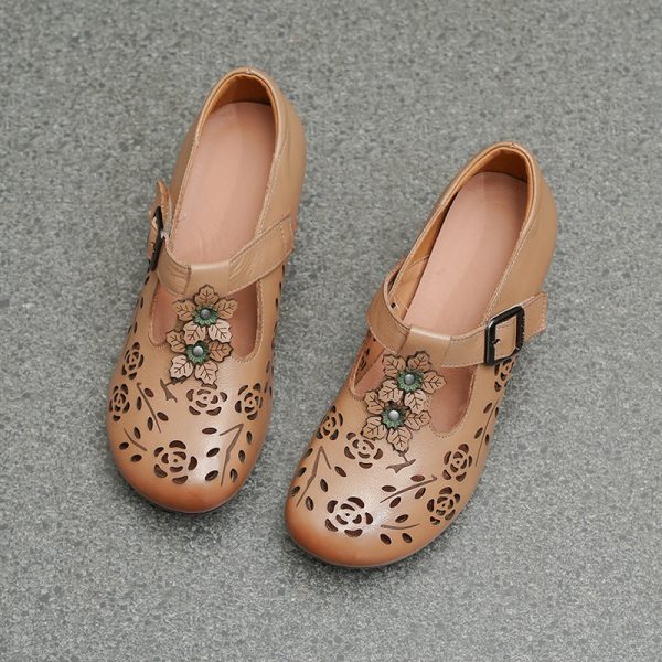 Genuine Leather Carved Hollow Square Heel Retro Women's Shoes - Image 11