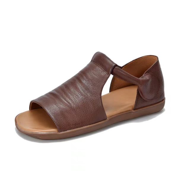 Summer Cowhide Handmade Velcro Open Toe Sandals Flat Shoes - Image 8